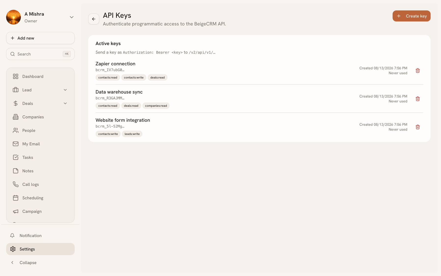 The API Keys settings page listing active keys with their permissions and last-used time