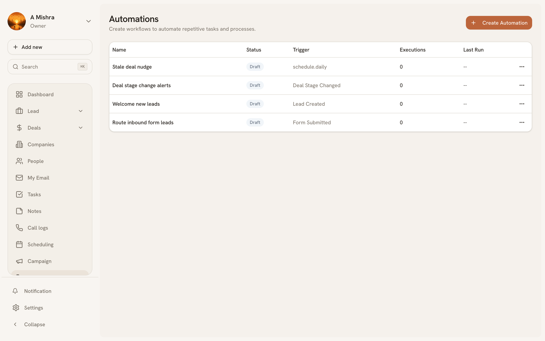 Automations list showing each workflow, its trigger, and whether it is active