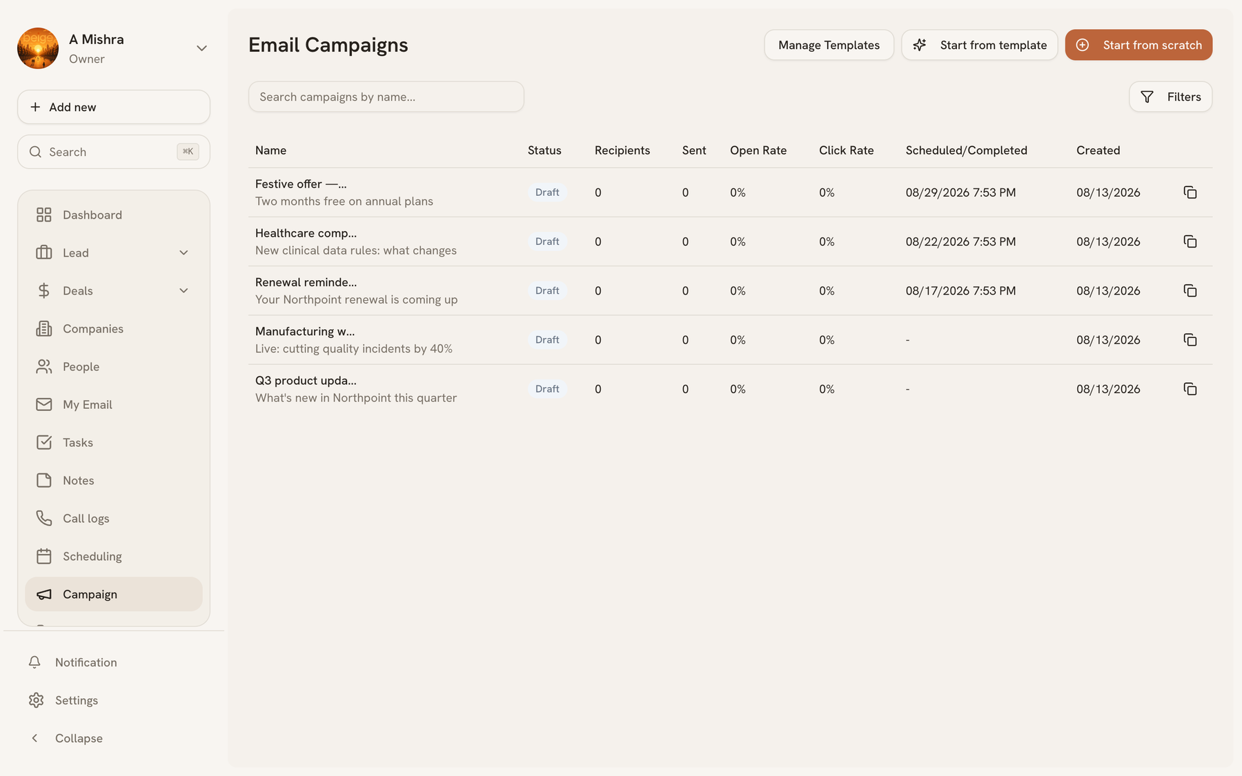 Campaign list showing name, type, status, and send statistics