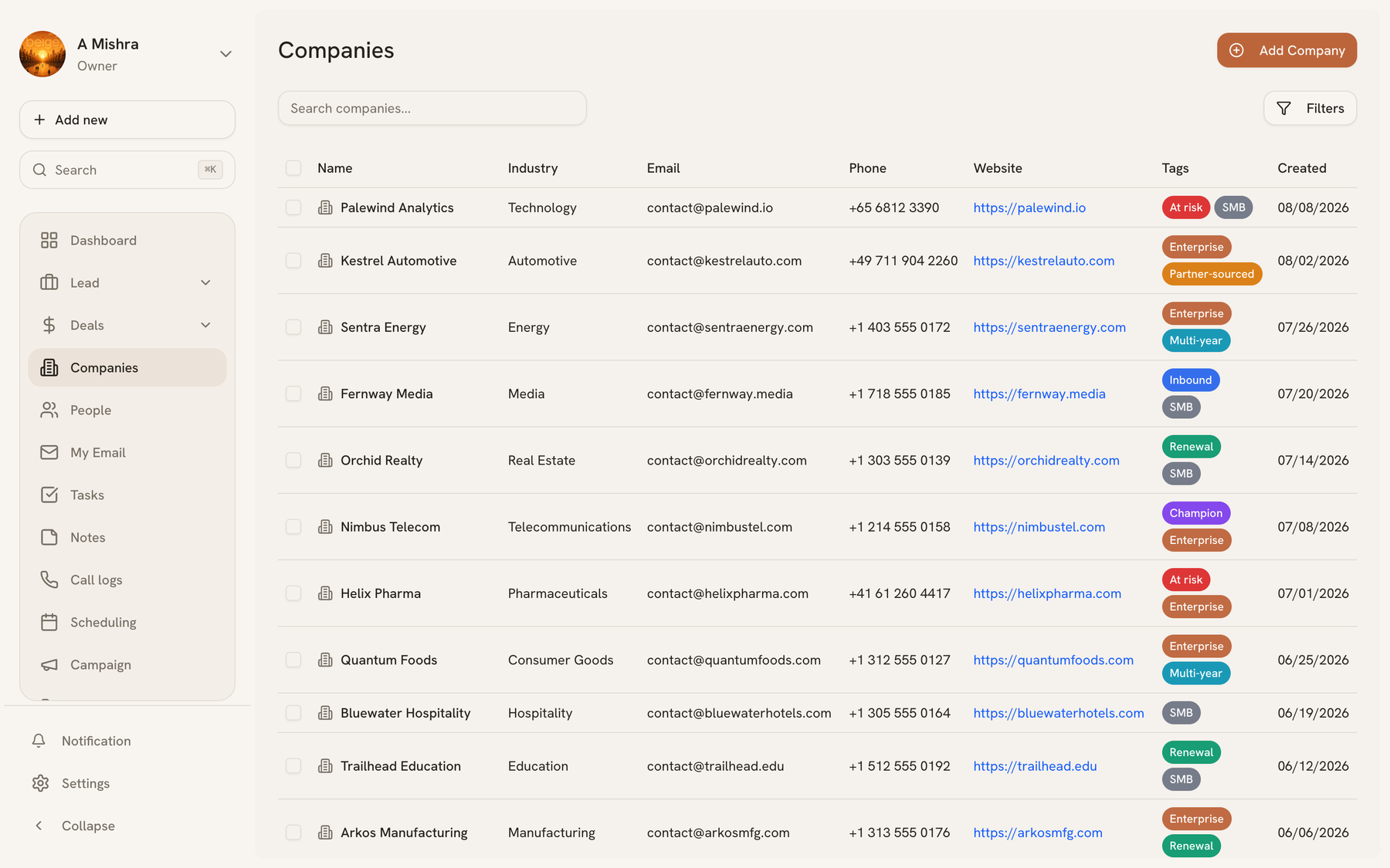 Companies list showing name, industry, size, and linked contact counts