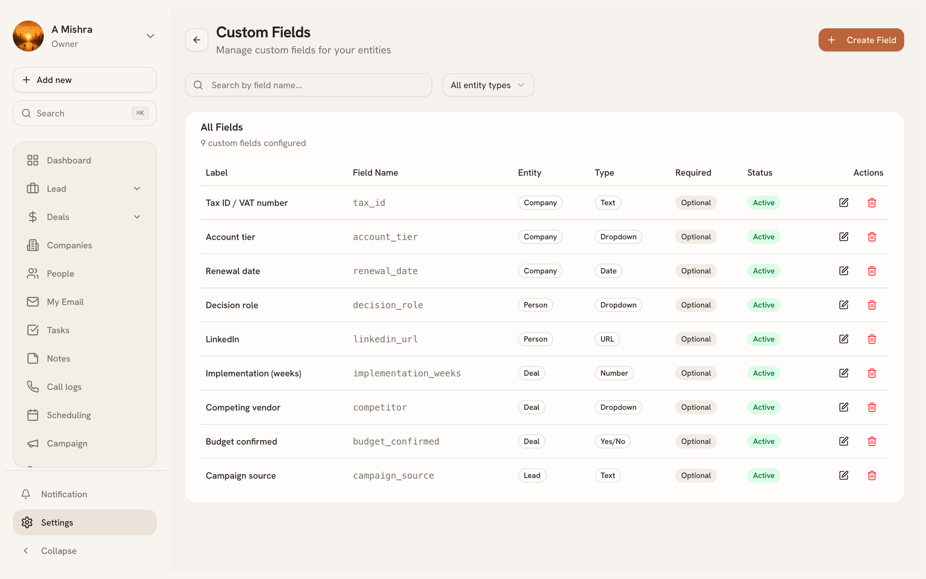 Custom field settings listing fields by entity type