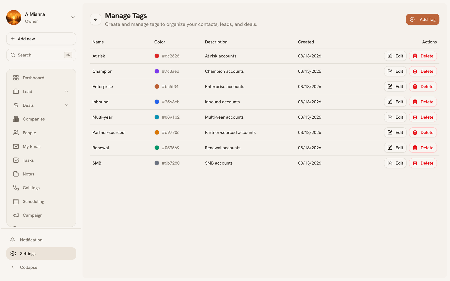 Tag management showing tags with their colours