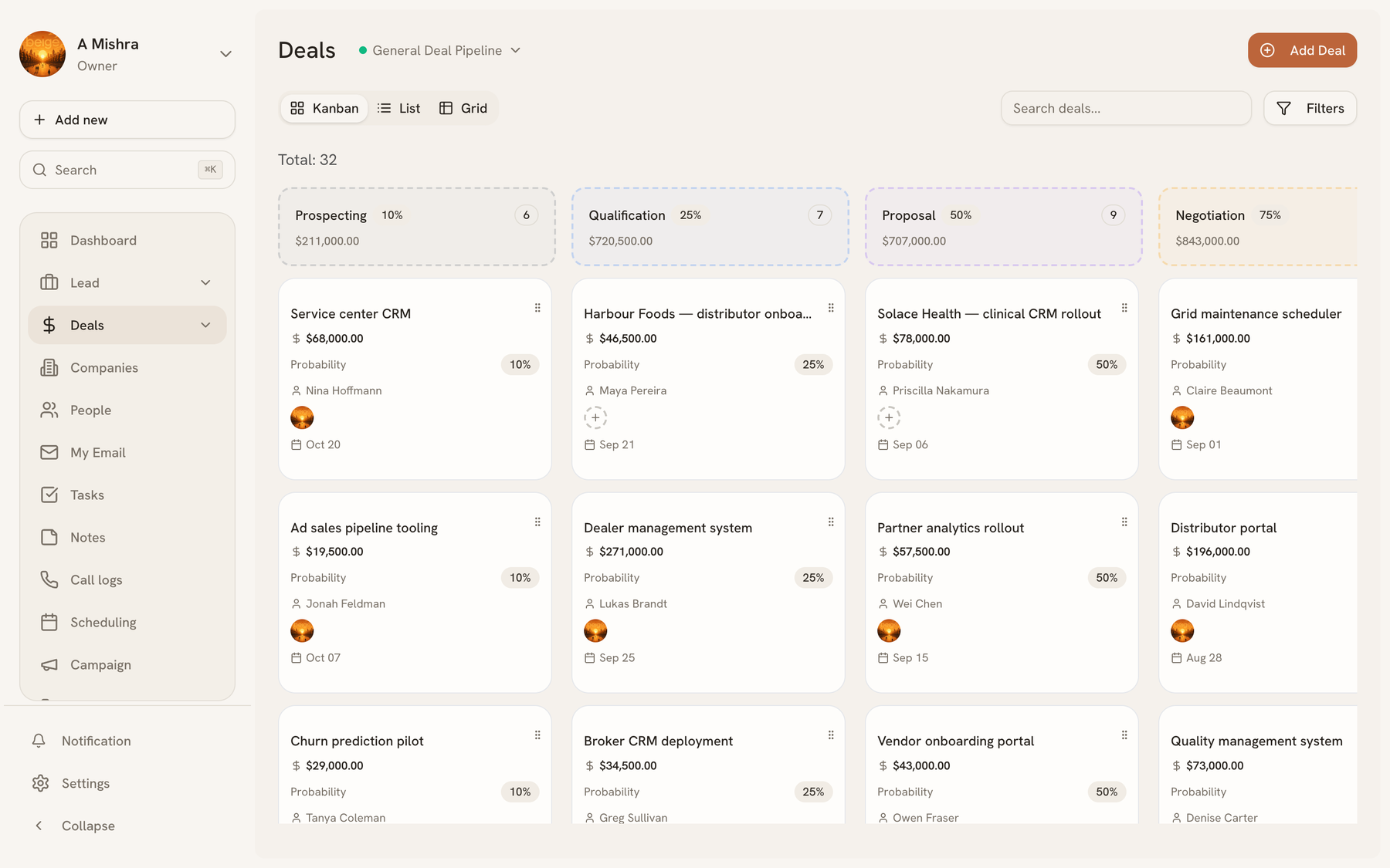 Deals board with cards in pipeline stage columns, each column showing its total value