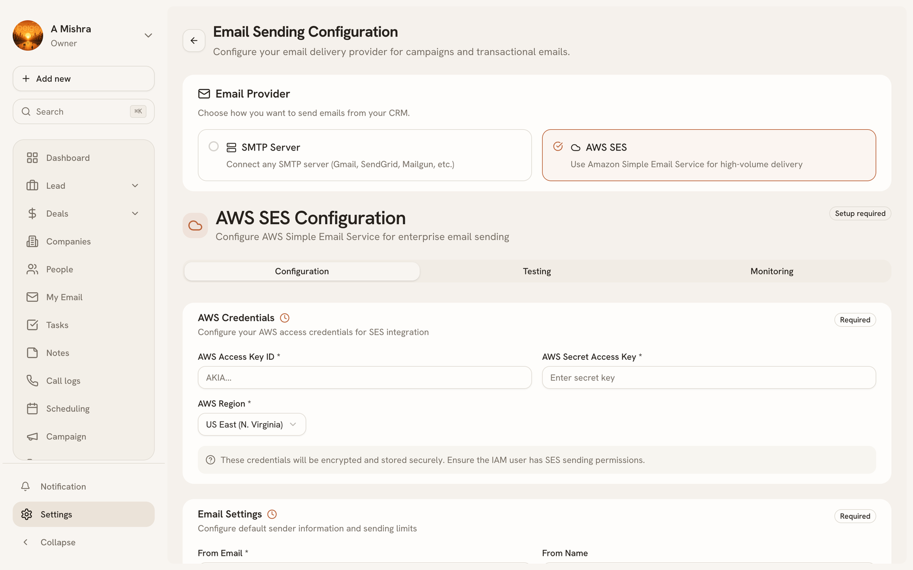 The Amazon SES settings form