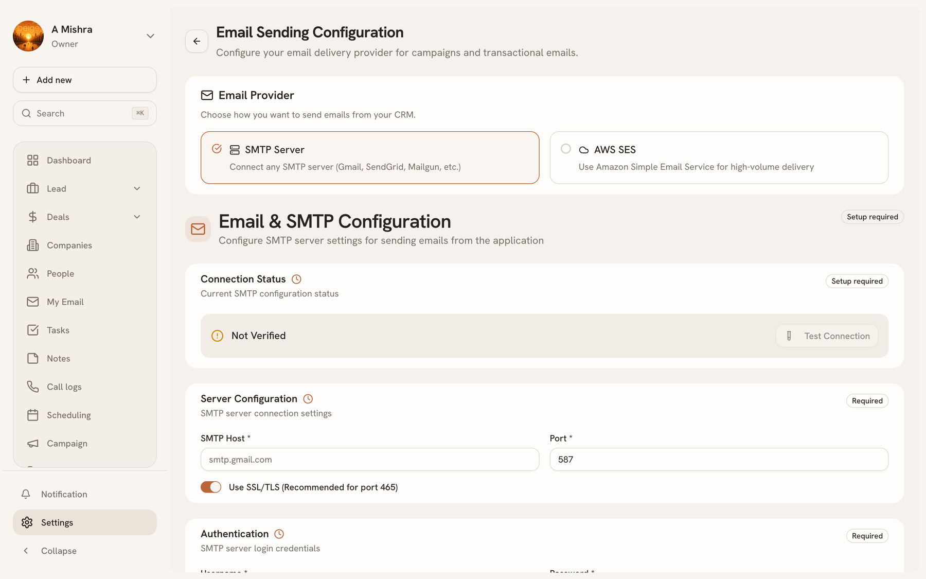 The SMTP settings form