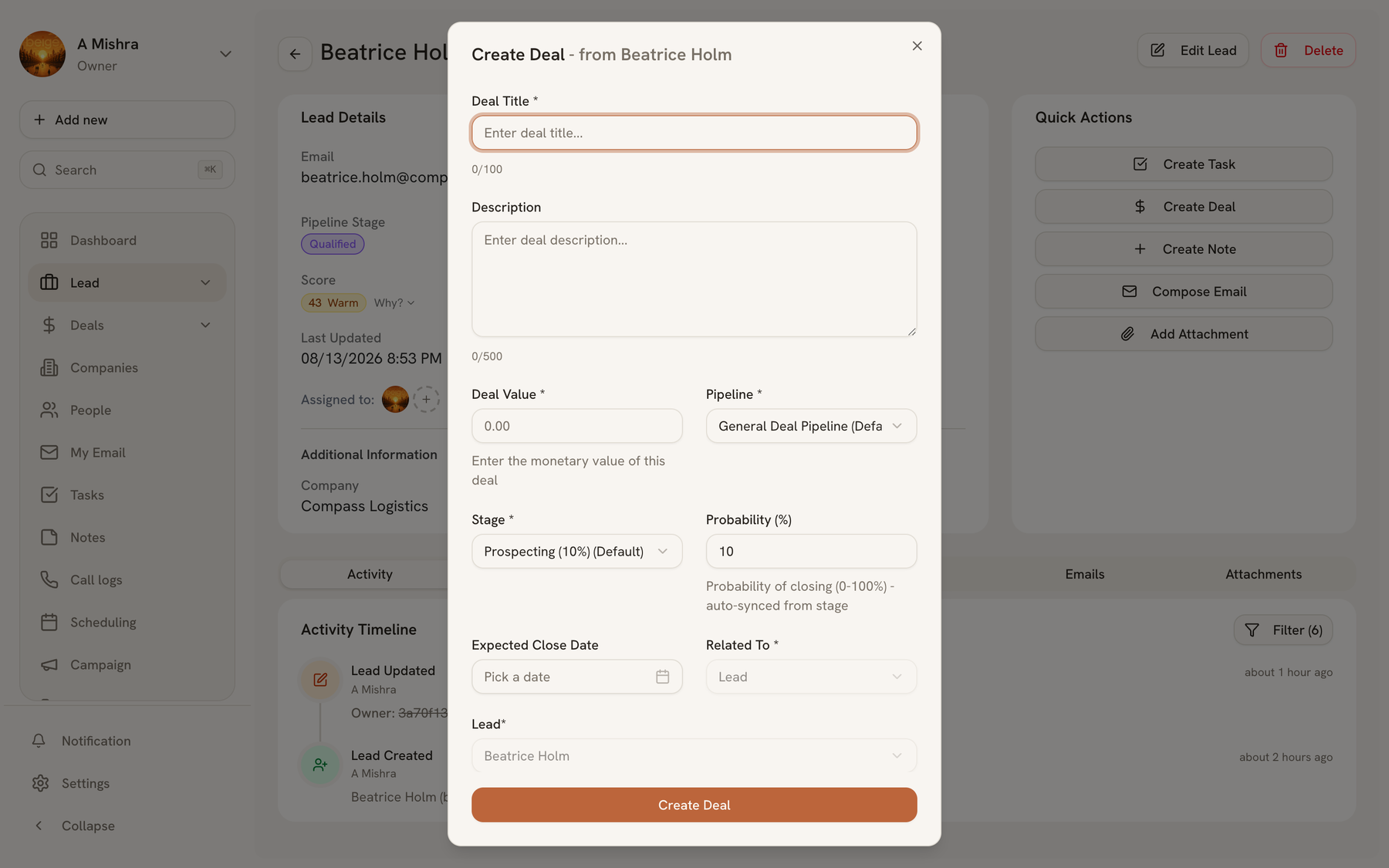 The Create Deal dialog opened from a lead, pre-linked to that lead