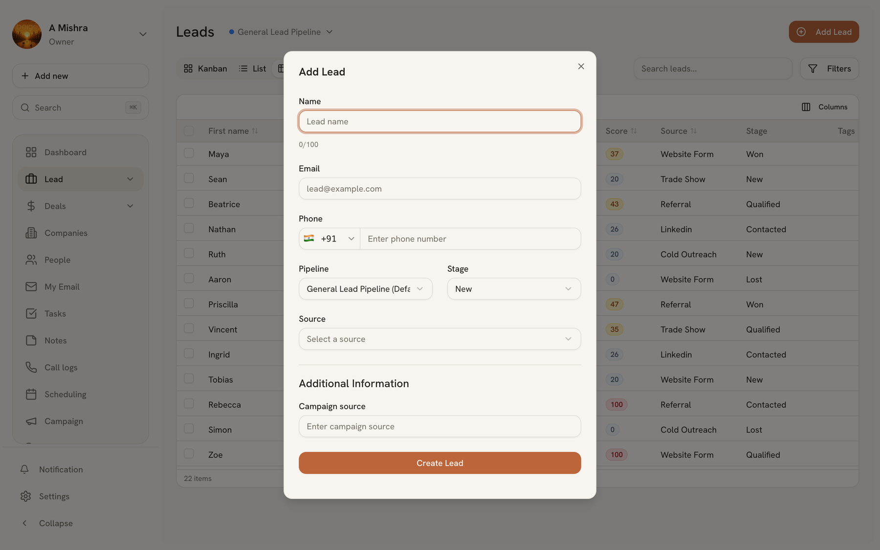 The Add Lead dialog with its available fields