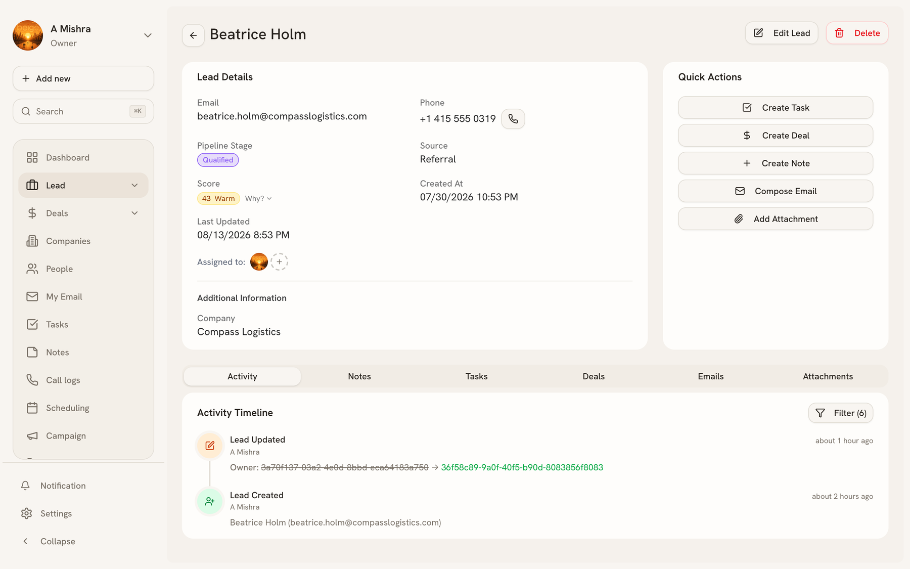 Lead detail page showing the profile panel and the six tabs