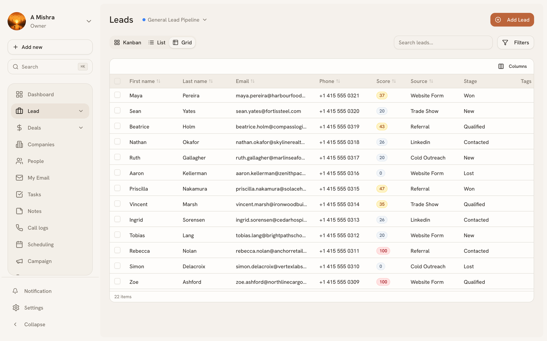 Grid view with inline cell editing and the column picker open