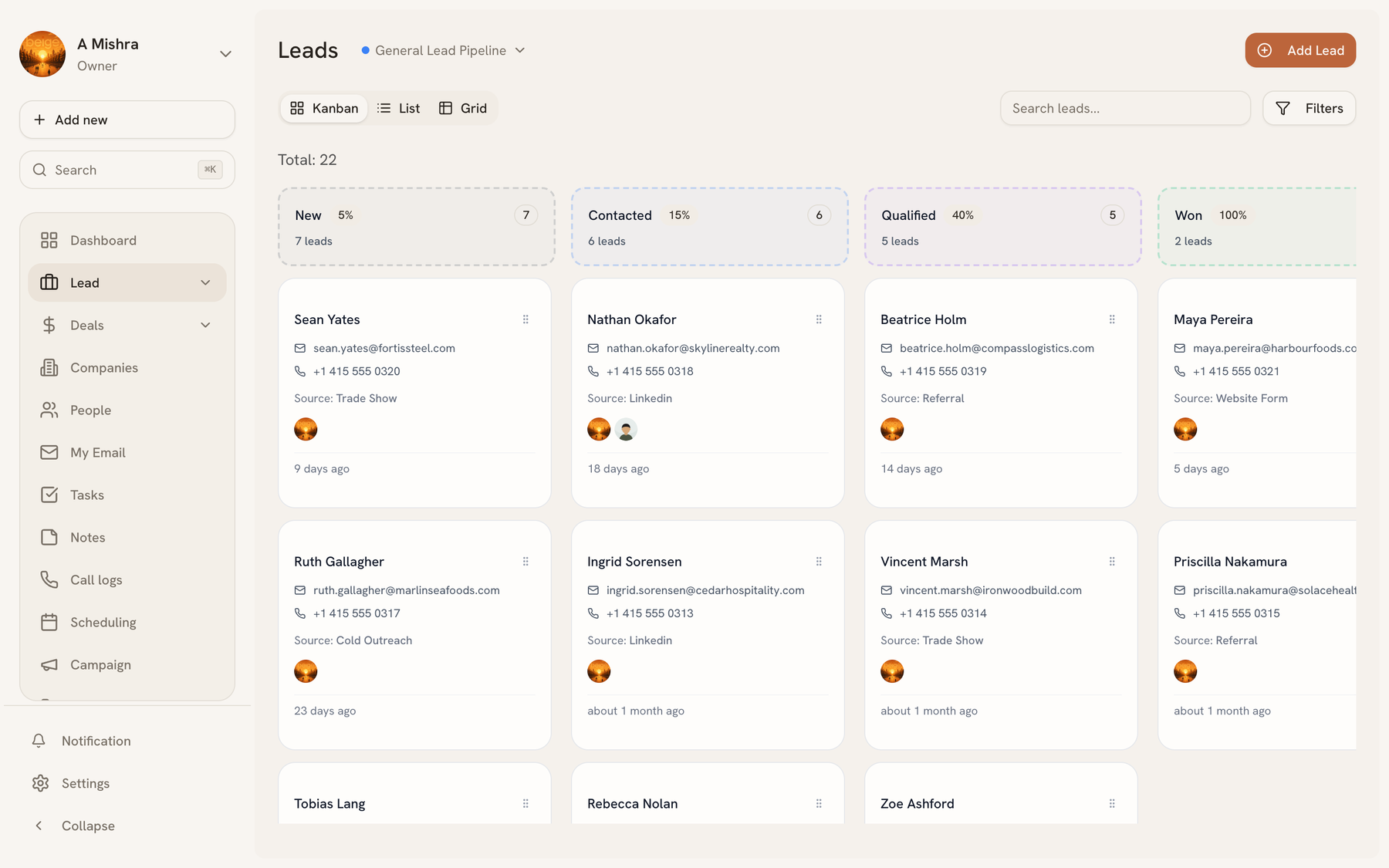 The Leads page showing the list view with score, source, and pipeline stage columns