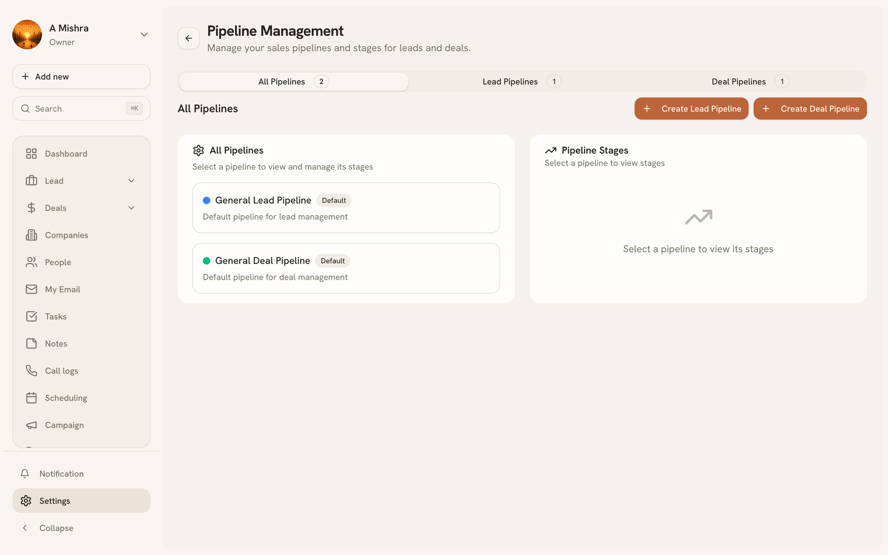 Pipeline settings showing stages with their colours and probabilities