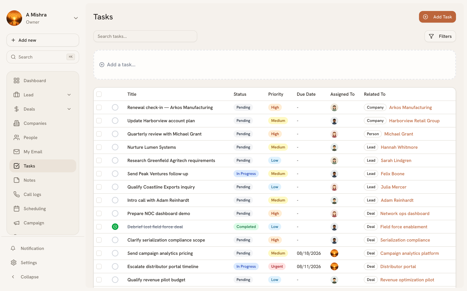Tasks list with status, priority, due date, assignee, and the record each task belongs to
