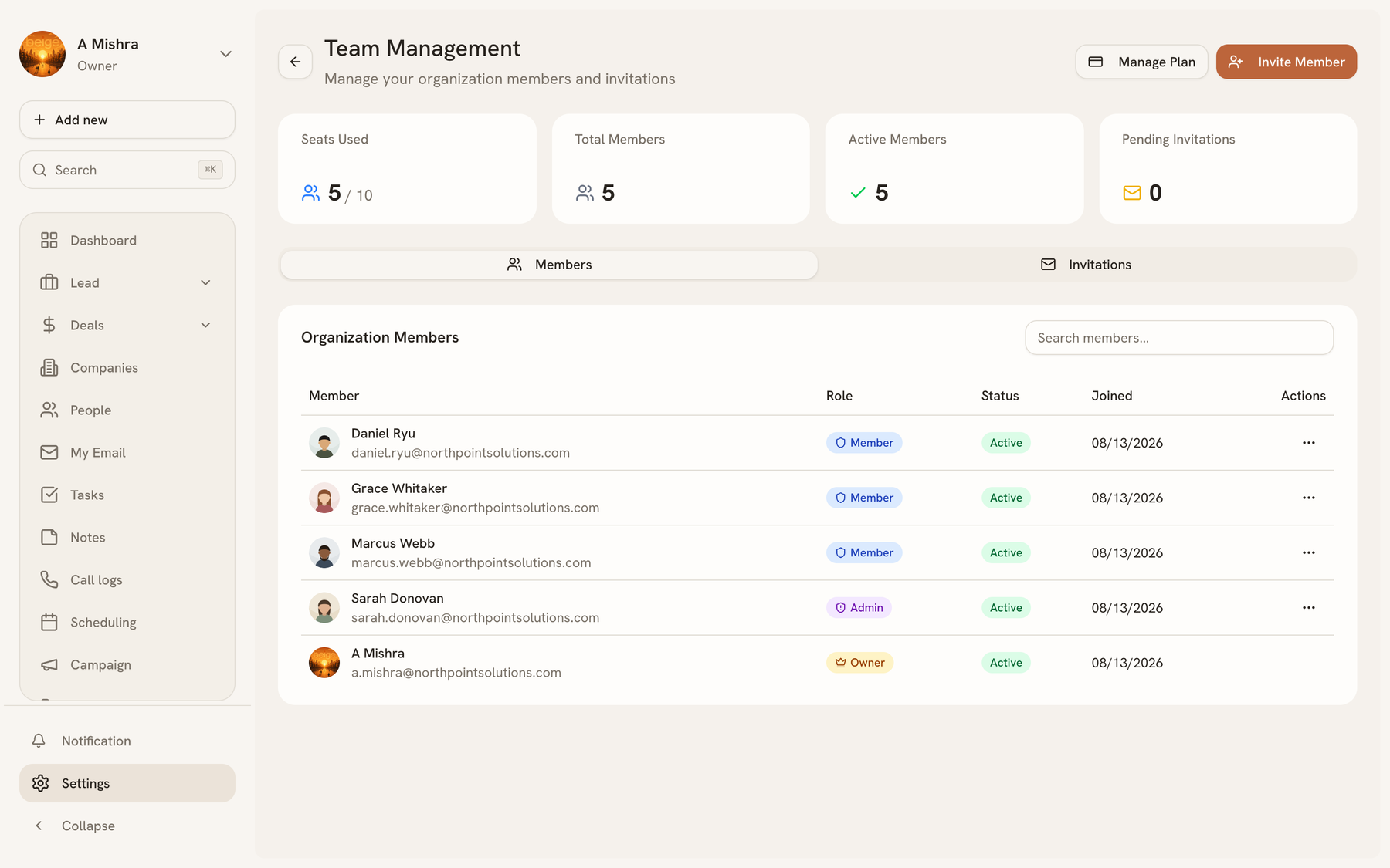 Team Management showing seat usage, members with their roles and status, and the invite control